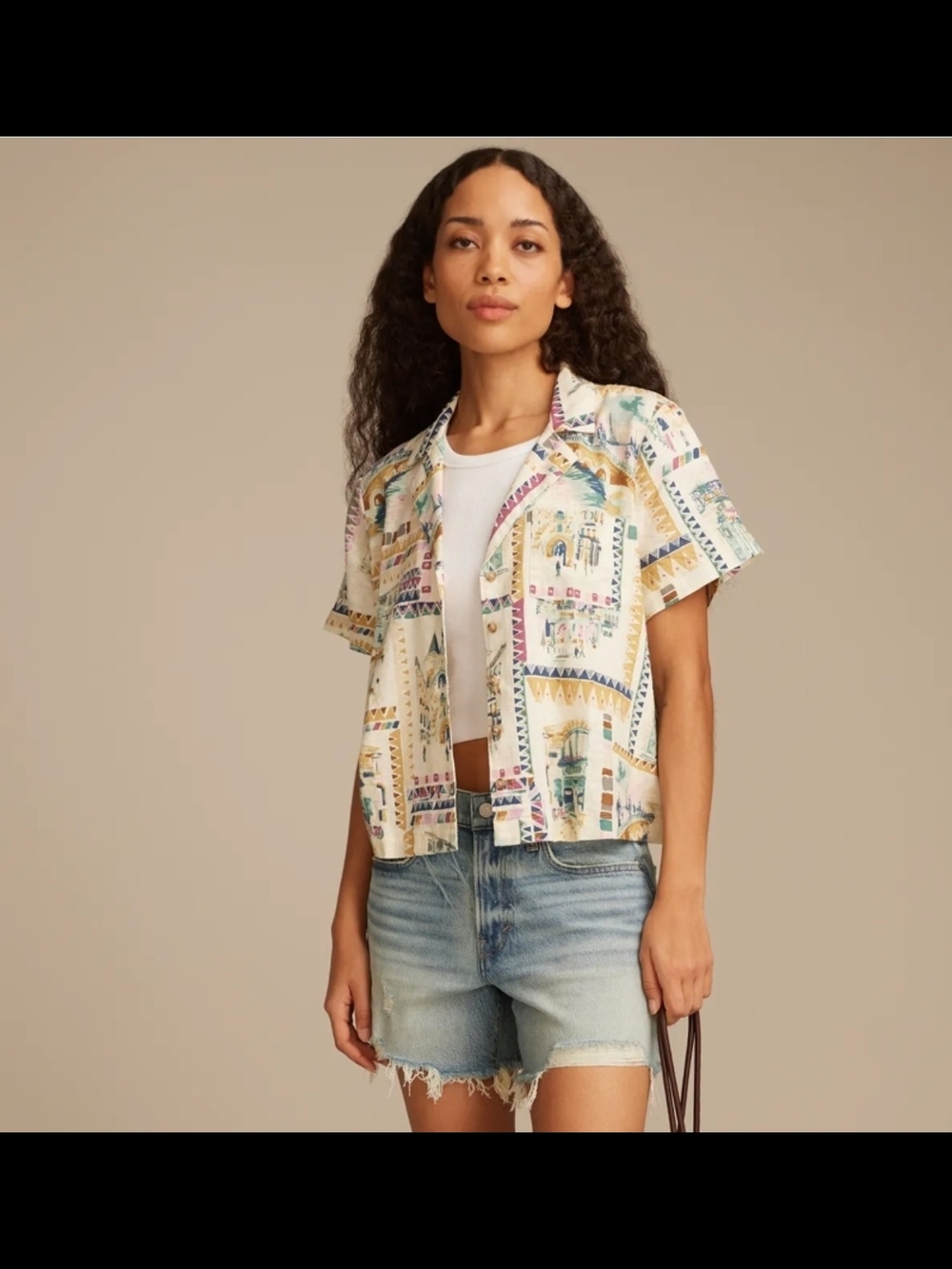 Printed Short-Sleeve Button Front Shirt - White/Multi